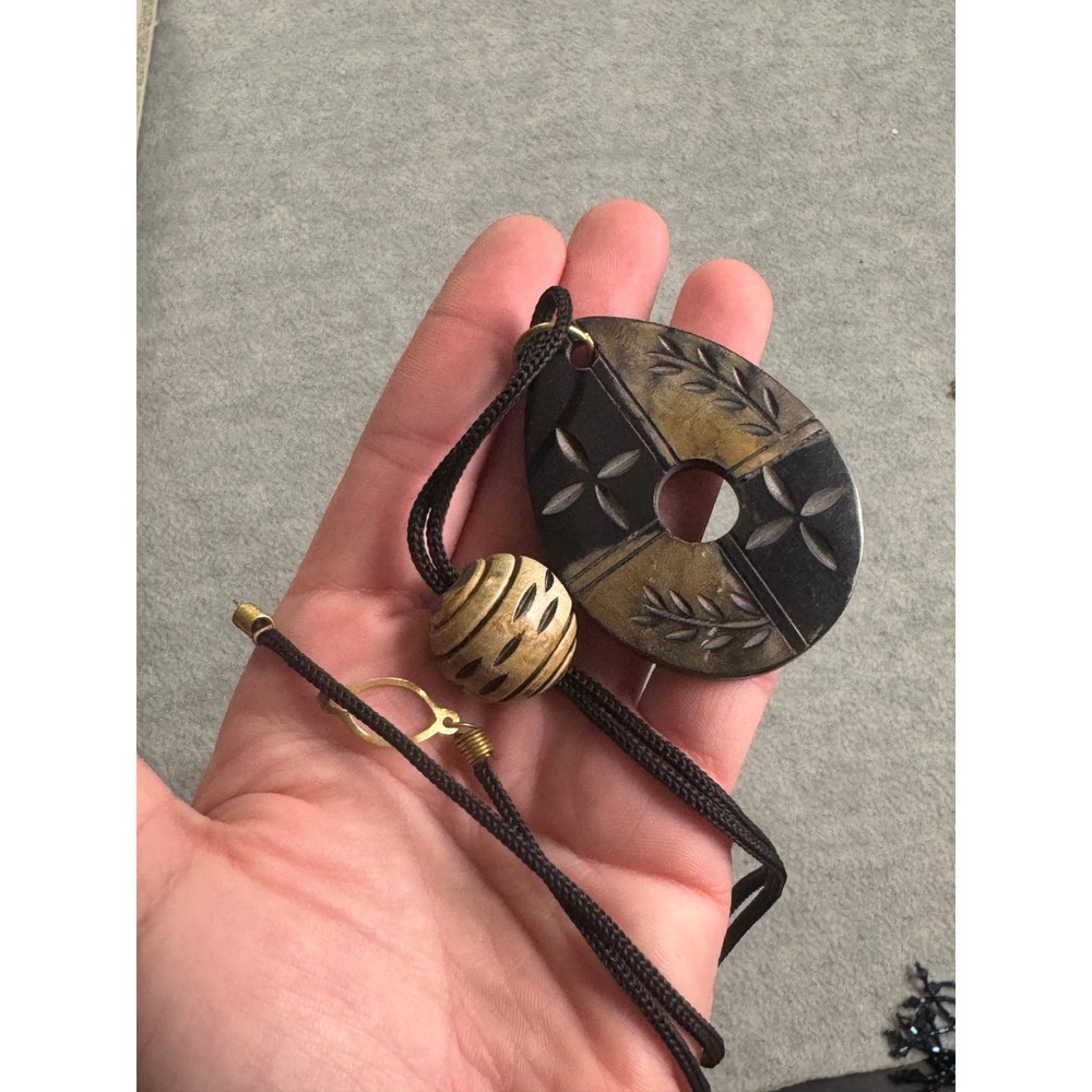 Vintage Hand Carved Two Tone Pendant Necklace Black Cord Earthy Boho Tribal